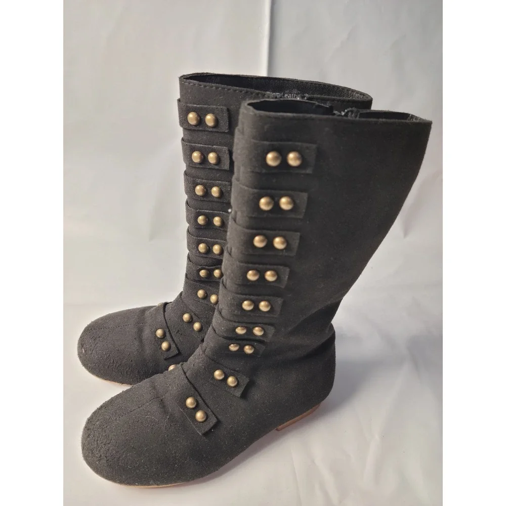 LIVEMIA Tall Boots Kids Black Studded Microfiber Leather Faux Fur Lined‎ Size 10